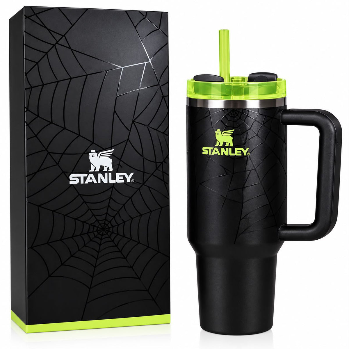 Stanley Halloween Quencher H2.0 FlowState Tumbler 40 oz – Web Glow Black & Lime Green
