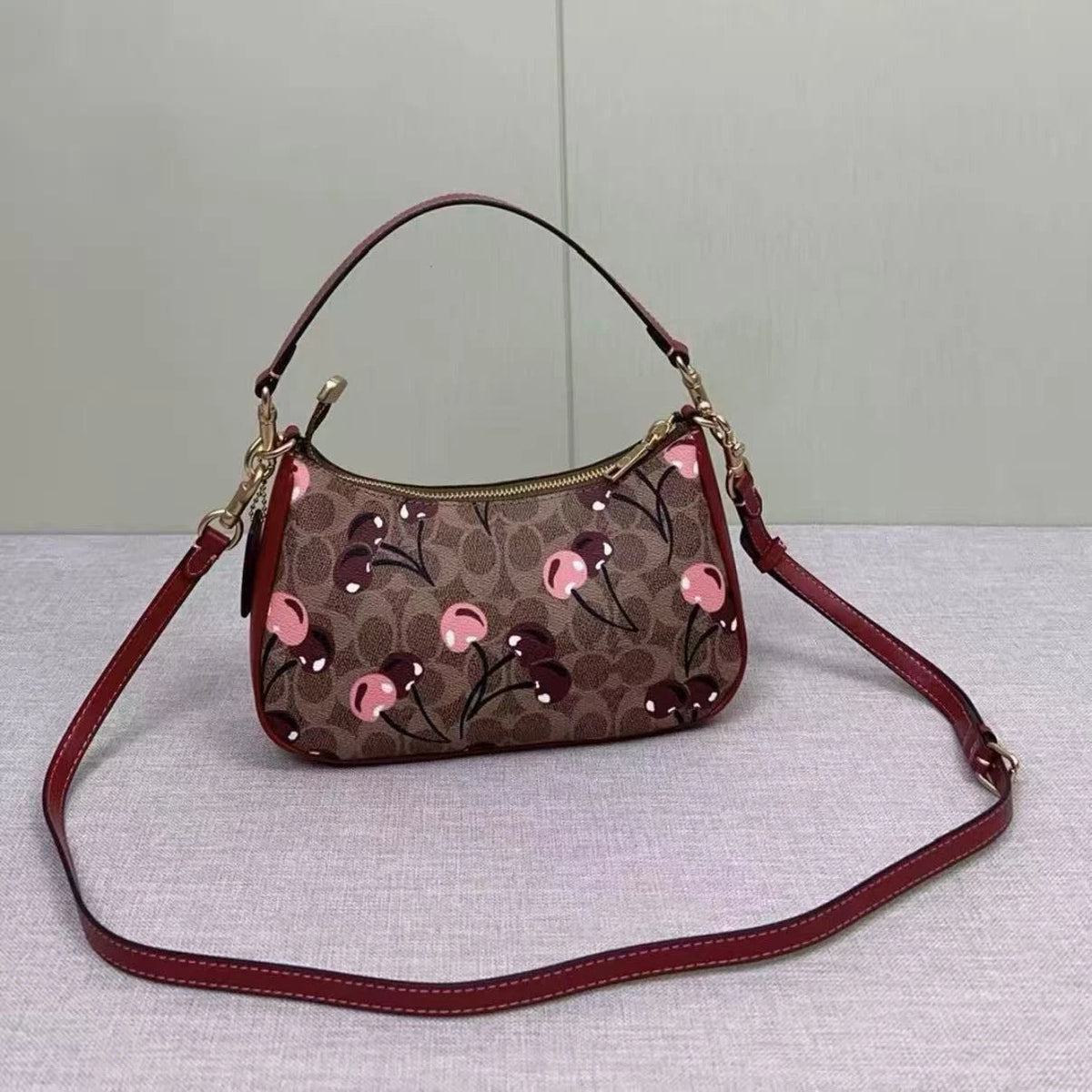 COACH CY694 Teri Shoulder Bag – Signature Canvas Cherry Print Tan Brown