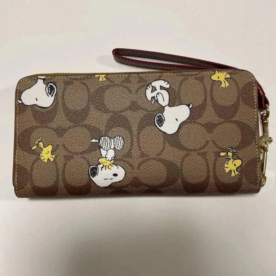 COACH x PEANUTS Long Zip-Around Wallet Snoopy & Woodstock Khaki Signature