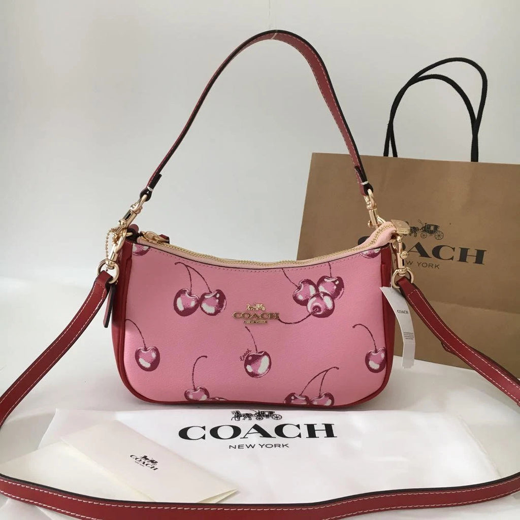 Coach CR290 Teri Shoulder Bag – Pink Cherry Print Coated Canvas with Leather Details