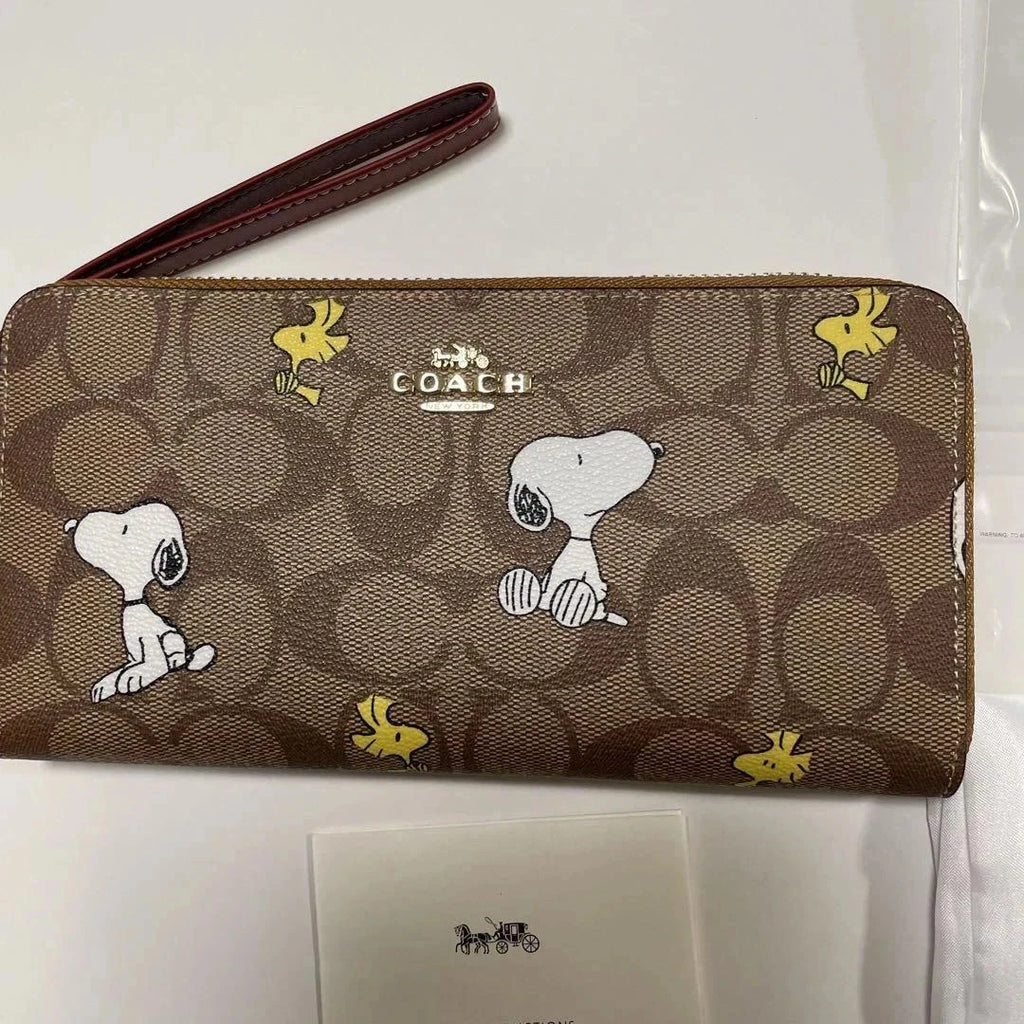 COACH x PEANUTS Long Zip-Around Wallet Snoopy & Woodstock Khaki Signature