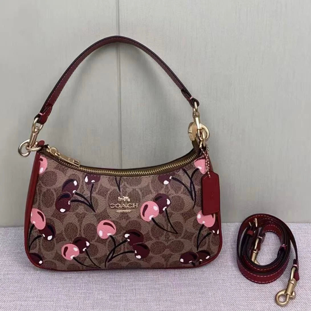 COACH CY694 Teri Shoulder Bag – Signature Canvas Cherry Print Tan Brown