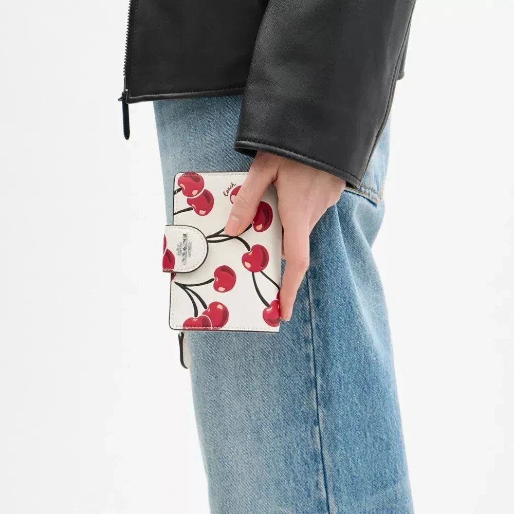 Coach Cherry Print Wallet – White with Red Cherries and Gold-Tone Logo