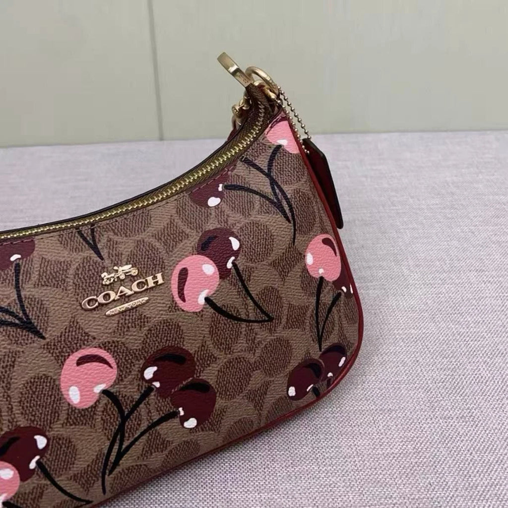 COACH CY694 Teri Shoulder Bag – Signature Canvas Cherry Print Tan Brown