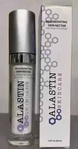 A bottle of Alastin Skincare Regenerating Skin Nectar alongside its white packaging box, featuring a silver cap and purple hexagonal graphics.