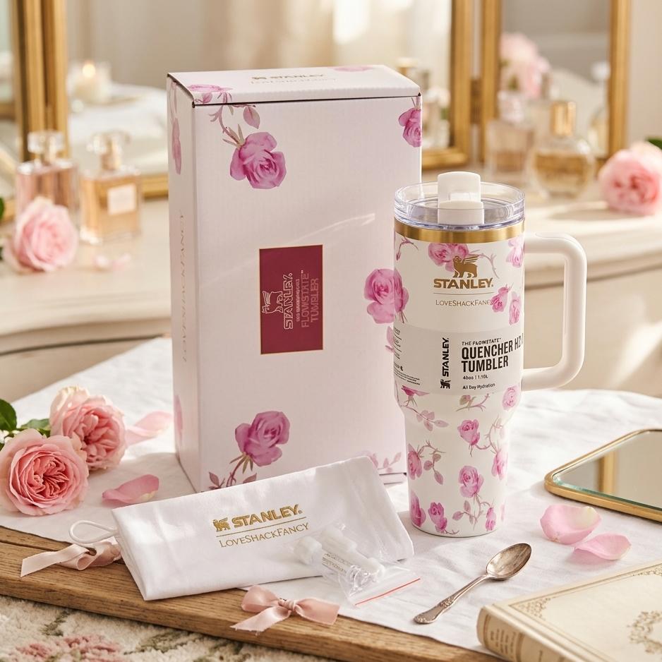 Stanley x LoveShackFancy Quencher H2.0 FlowState Tumbler 40 oz – Floral White/Purple
